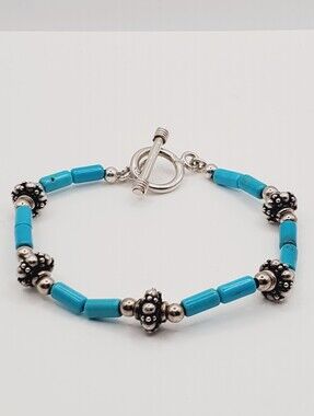 Genuine Turquoise 925 Sterling Silver Bead Bracelet With Toggle Clasp